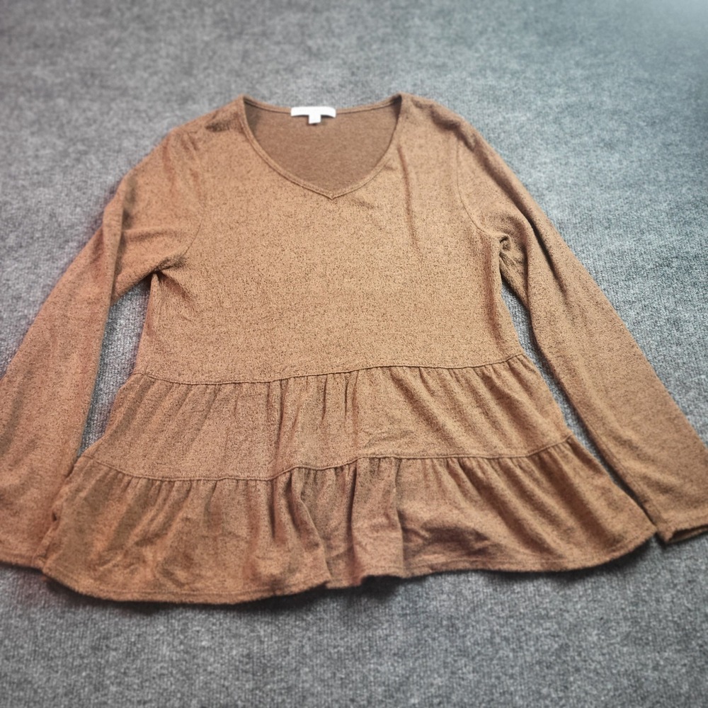 Green Envelope Los Angeles Womens Small Brown Marled Tiered Peplum Top Long Slee